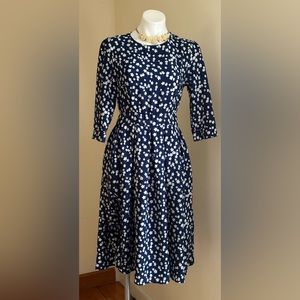 Ditsy Navy & White Floral Print No Tag Midi Fit & Flare Dress SZ S ZipperIn Back
